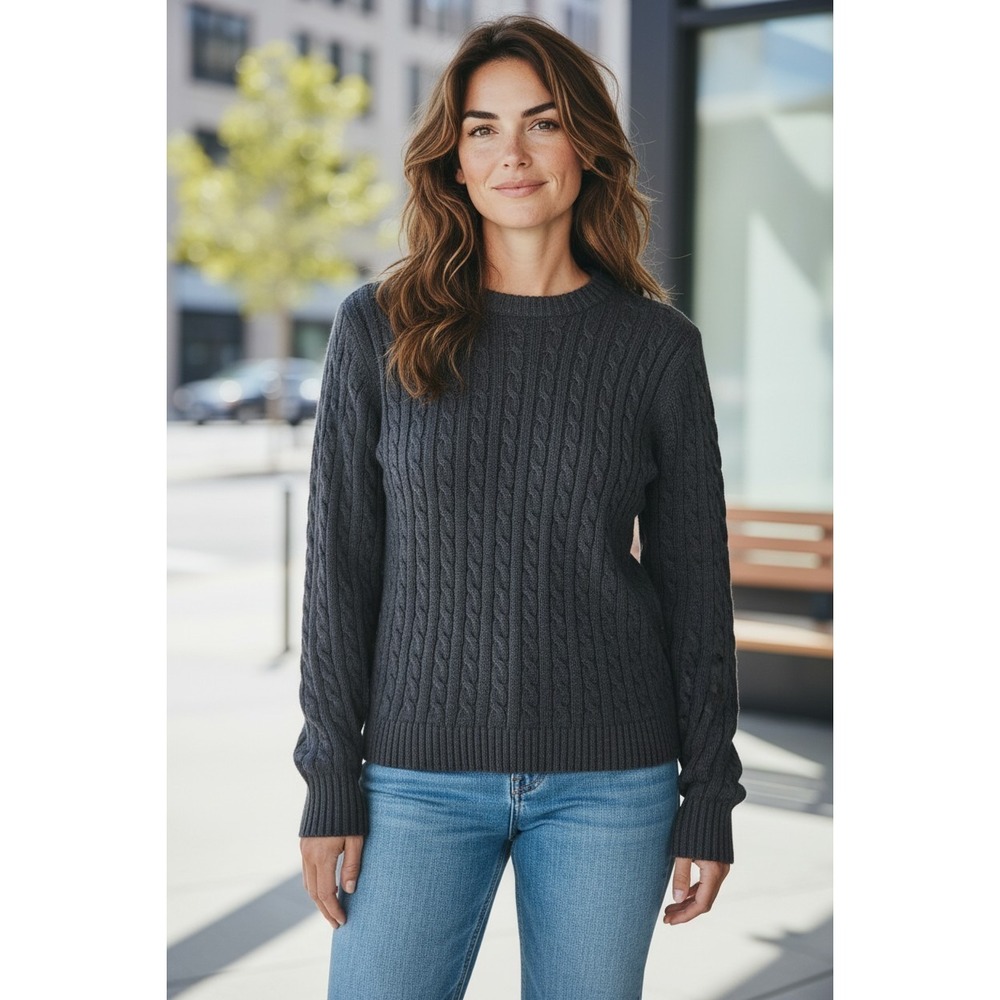 L.L. Bean Women's Sweater SZ M Gray Cable Knit Pullover Long Sleeve Cotton #1102